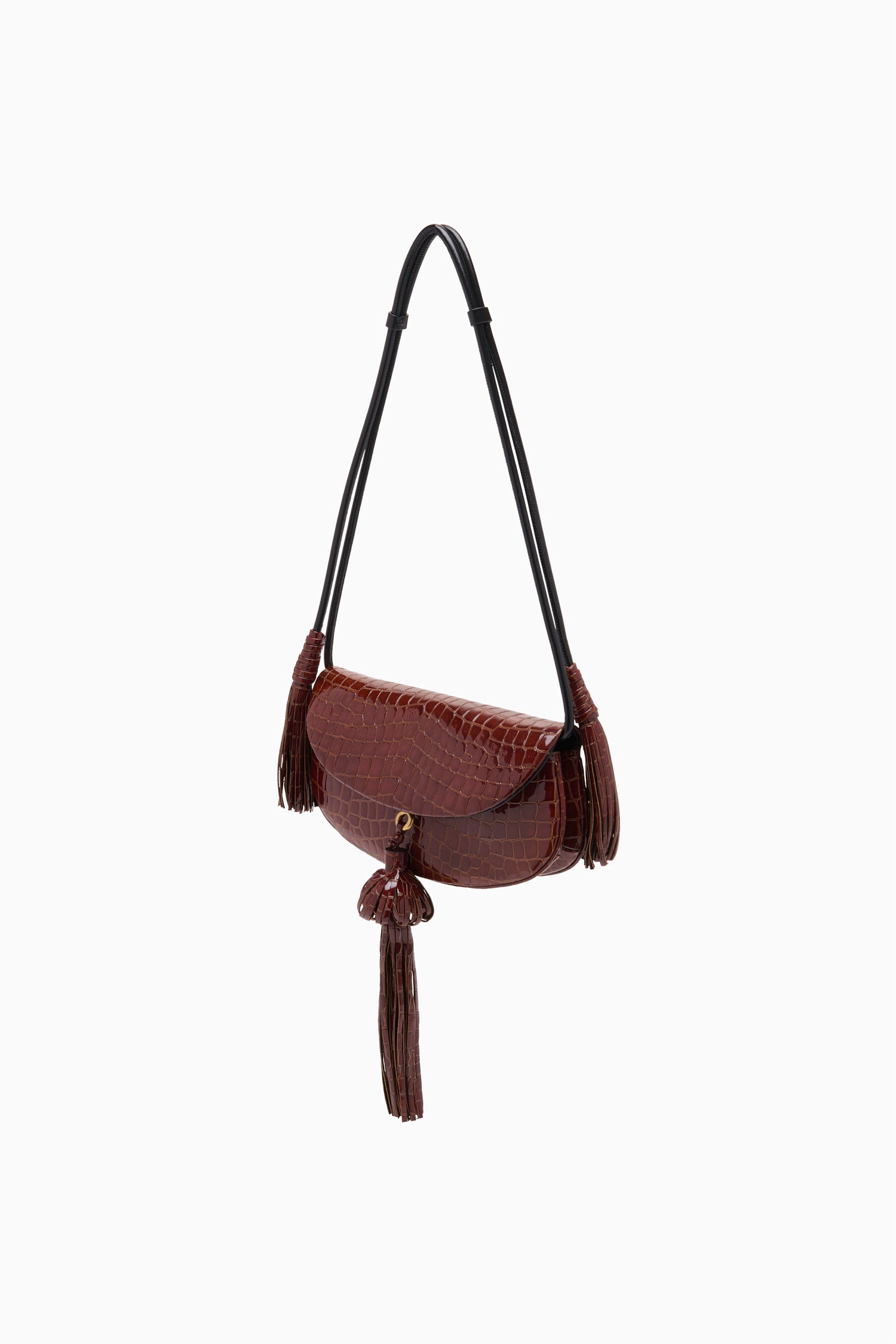 Ulla Johnson Chestnut Croc-Embossed Leather Paloma Tassel Flap Bag - Side Angle | Ulla Johnson