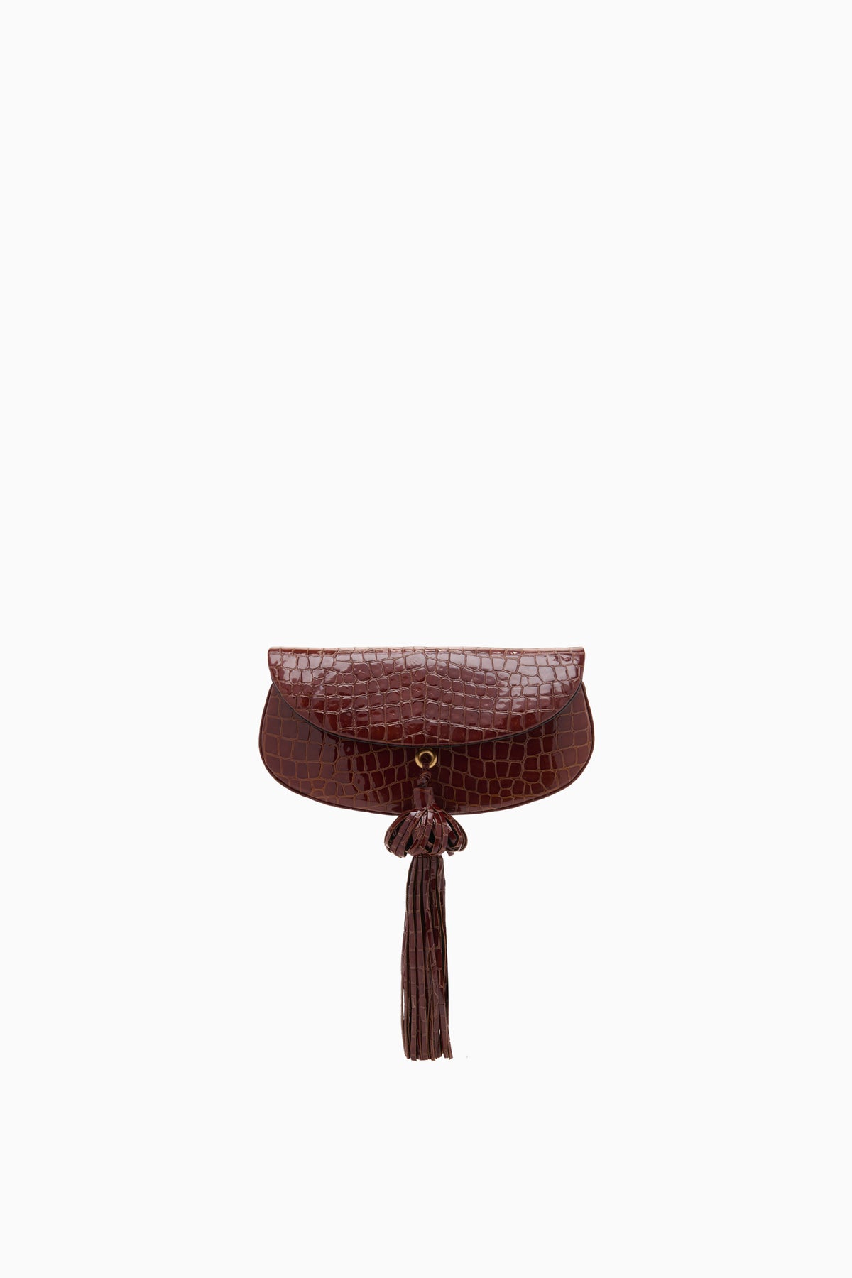 Chestnut Croc-Embossed Leather Paloma Tassel Flap Bag - Front No Strap | Ulla Johnson