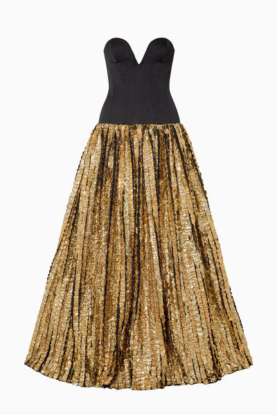 Luxury Gold and Noir Strapless Fil Coupé Evening Gown - Flat View | Ulla Johnson