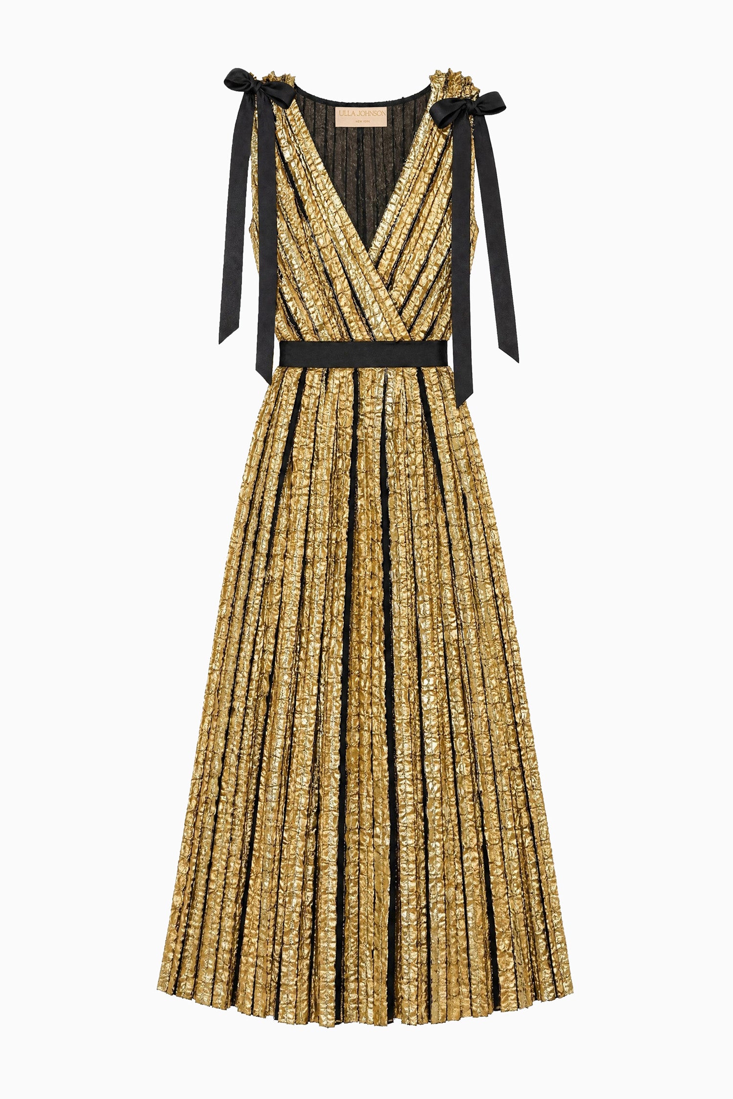 Ulla Johnson Gold Metallic Fil Coupé Midi Dress - Flat Lay White Background | Ulla Johnson