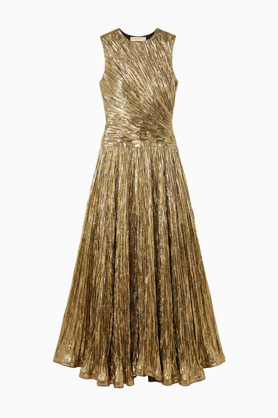 Gold Lamé Eugenia Pleated Maxi Gown - Flat Lay Product Shot | Ulla Johnson