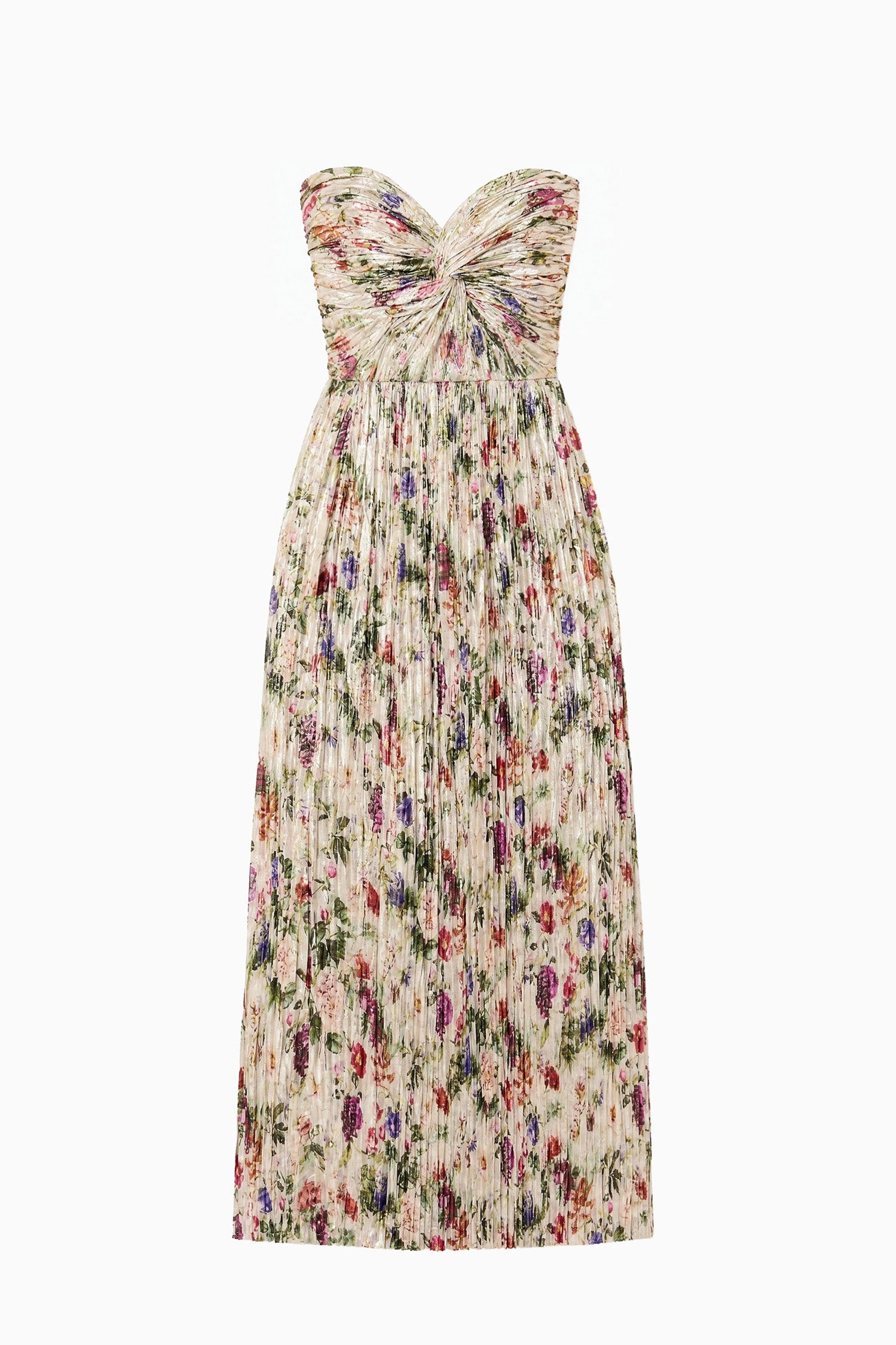 Ulla Johnson Sterling Floral Lamé Adelaide Strapless Pleated Midi Dress - Flat Lay Product Shot | Ulla Johnson