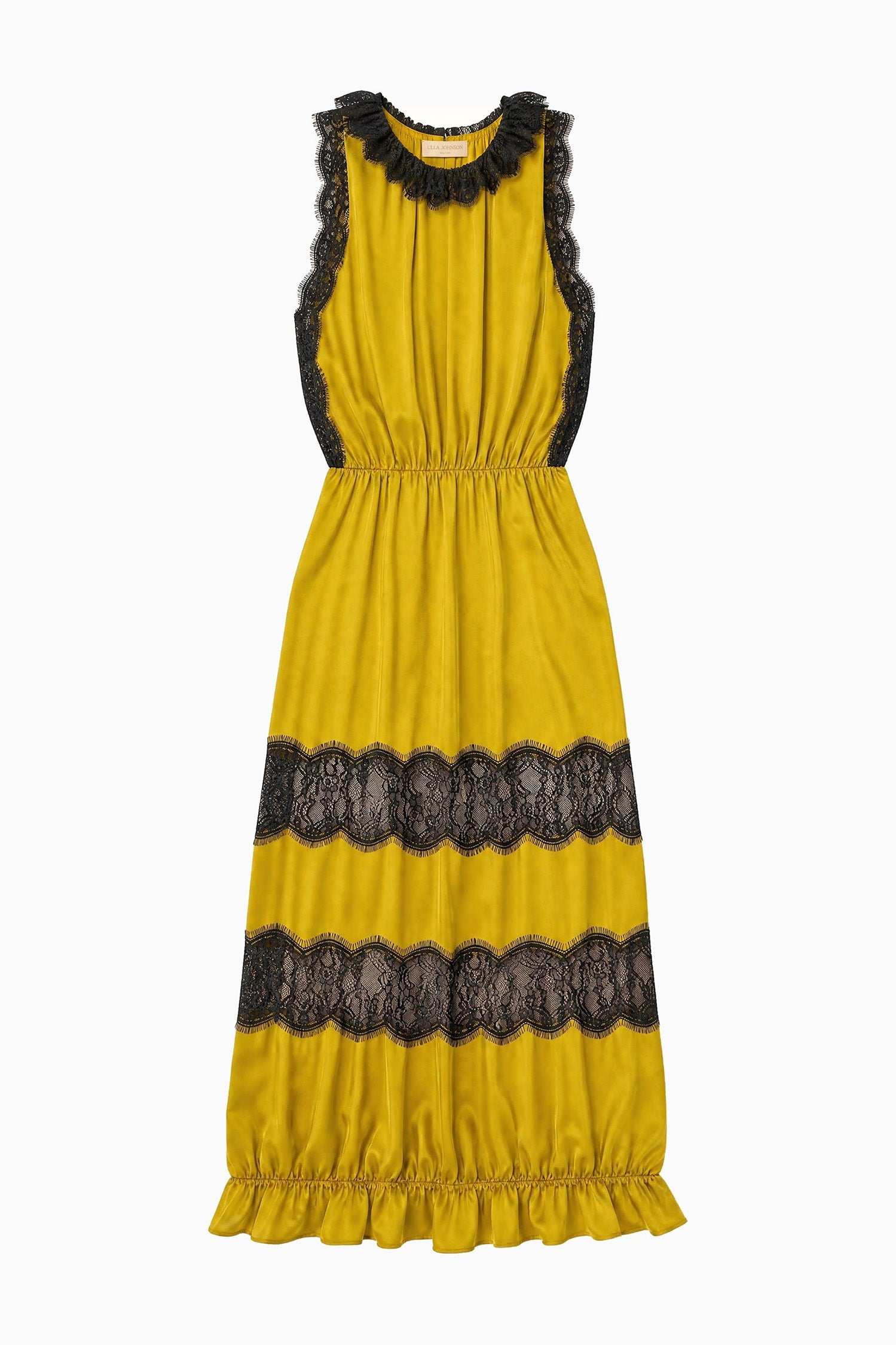 Ulla Johnson Citrine Robe Alix sans manches de créateur en sergé de soie avec dentelle noire - Vue à plat | Ulla Johnson