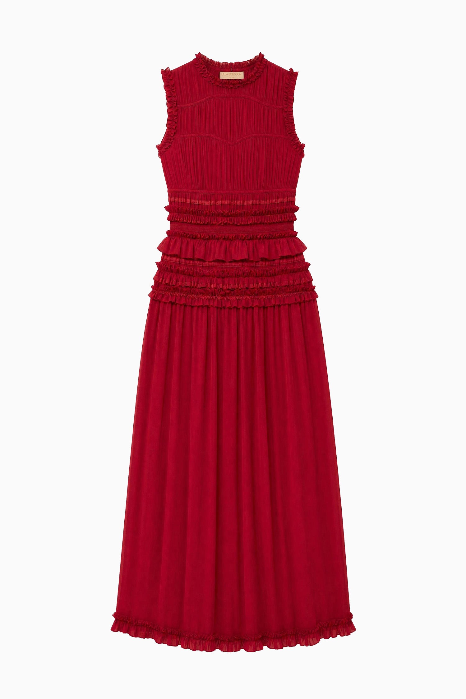 Ulla Johnson Cerise Silk Chiffon Etta Sleeveless Midi Dress - Flat Lay, Ruffle & Fringe Detail | Ulla Johnson