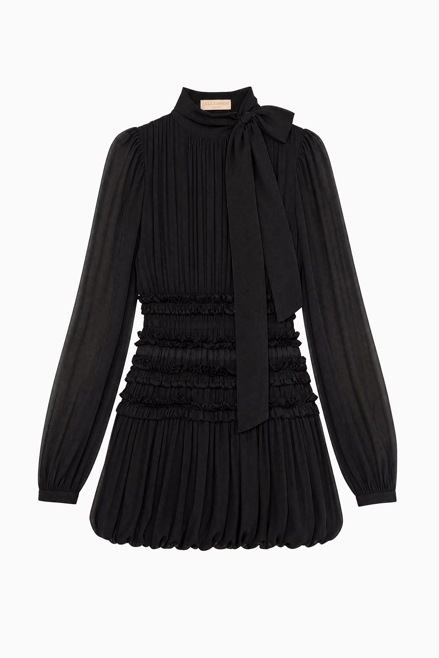Ulla Johnson Mini-robe noire de luxe en mousseline de soie avec nœud au col - Vue à plat | Ulla Johnson