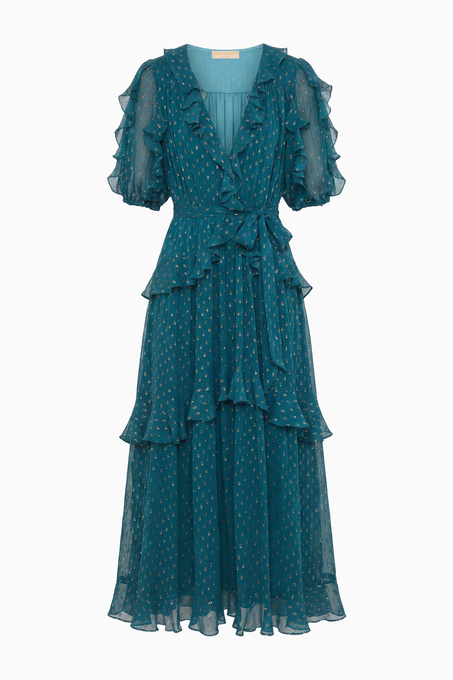 Ulla Johnson Beryl Silk Chiffon Designer Ruffle Dress with Self-Tie Belt - Flat Lay | Ulla Johnson