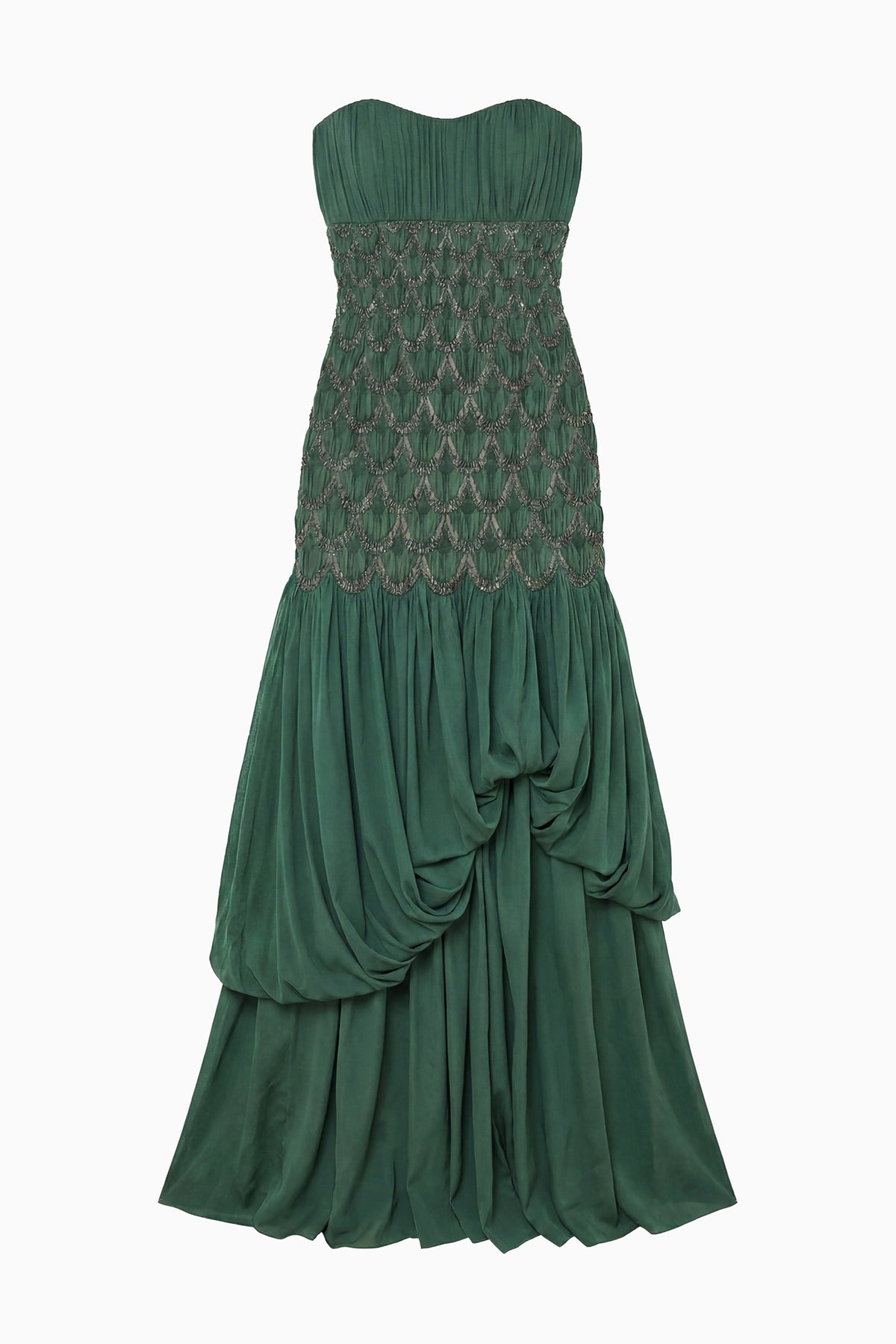 Green Silk Strapless Premium Gown with Metallic Cloqué Bodice - Flat Front View | Ulla Johnson