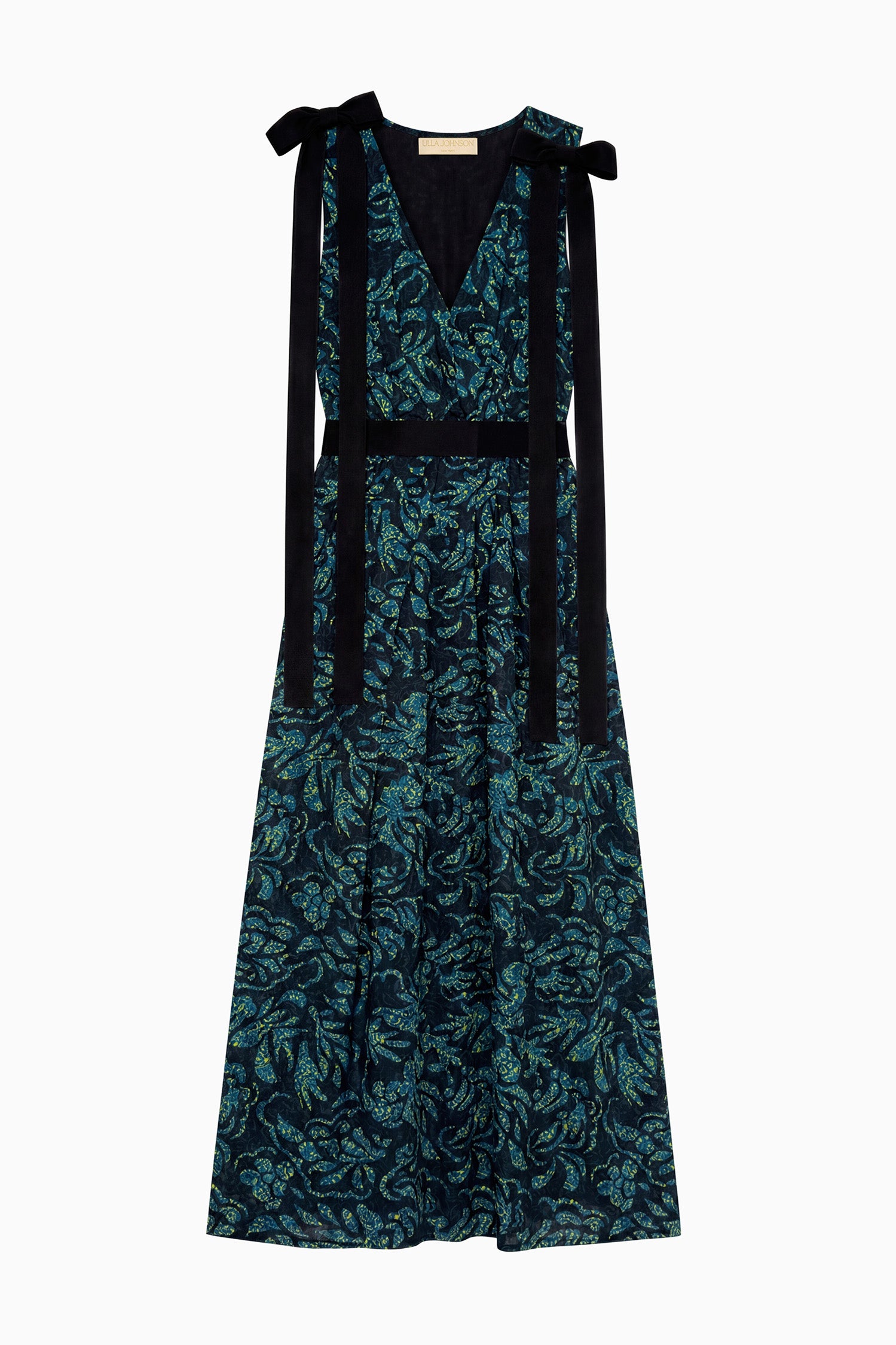 Ulla Johnson Midnight Luxury Cotton Poplin Bow Dress, Floral Print Maxi Silhouette - Flat Lay | Ulla Johnson
