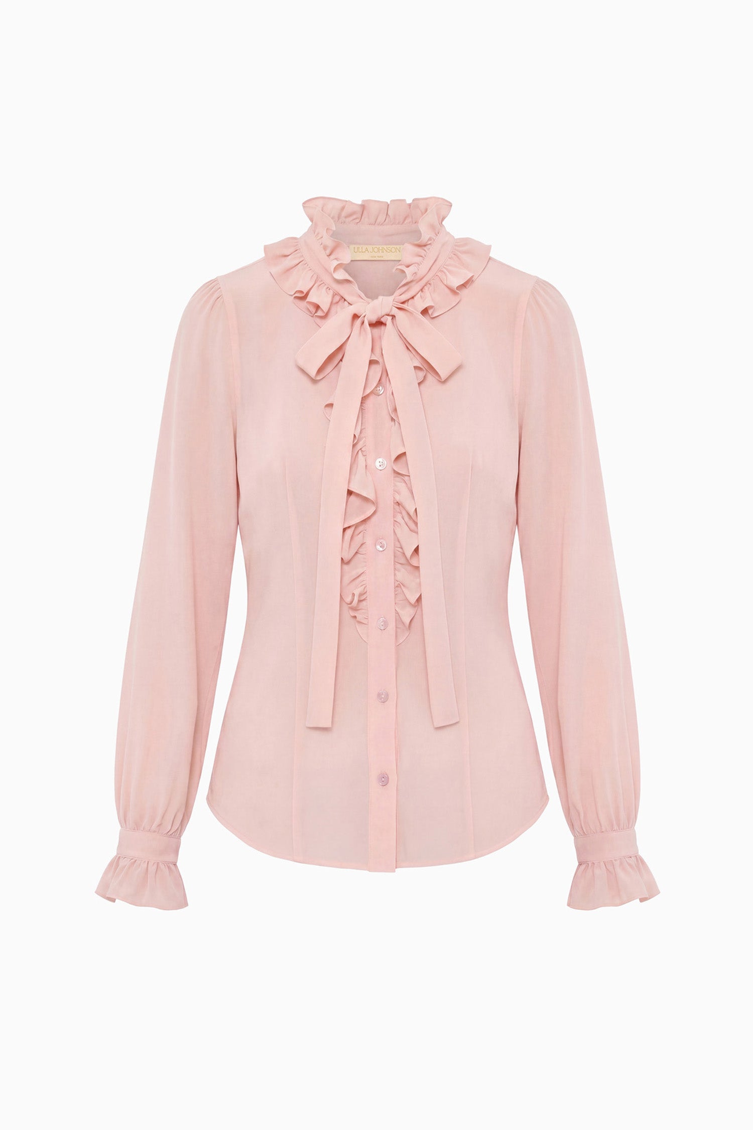 Ulla Johnson Powder Luxury Silk Blouse with Bow Tie & Ruffled Placket - Flat Lay | Ulla Johnson