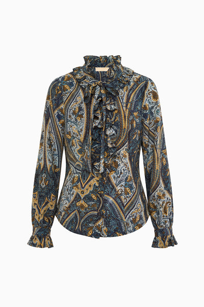 Prussian Paisley Designer Silk Crepe de Chine Blouse - Flat Lay, White Background | Ulla Johnson
