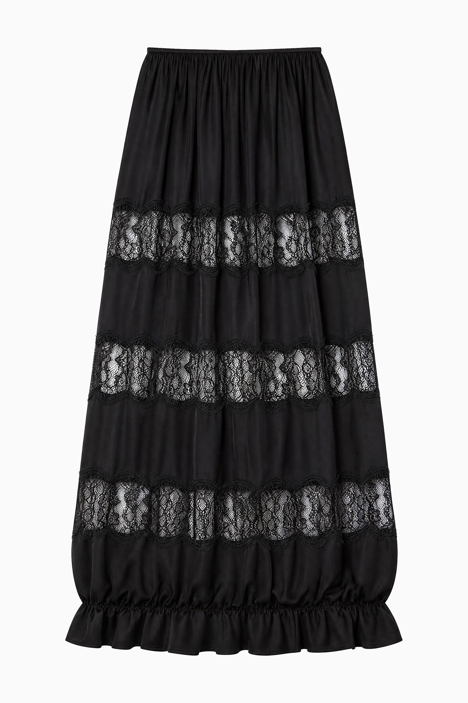Ulla Johnson Black Silk Lace-Insert Midi Skirt - Flat Lay, Designer Silk Skirt Noir | Ulla Johnson