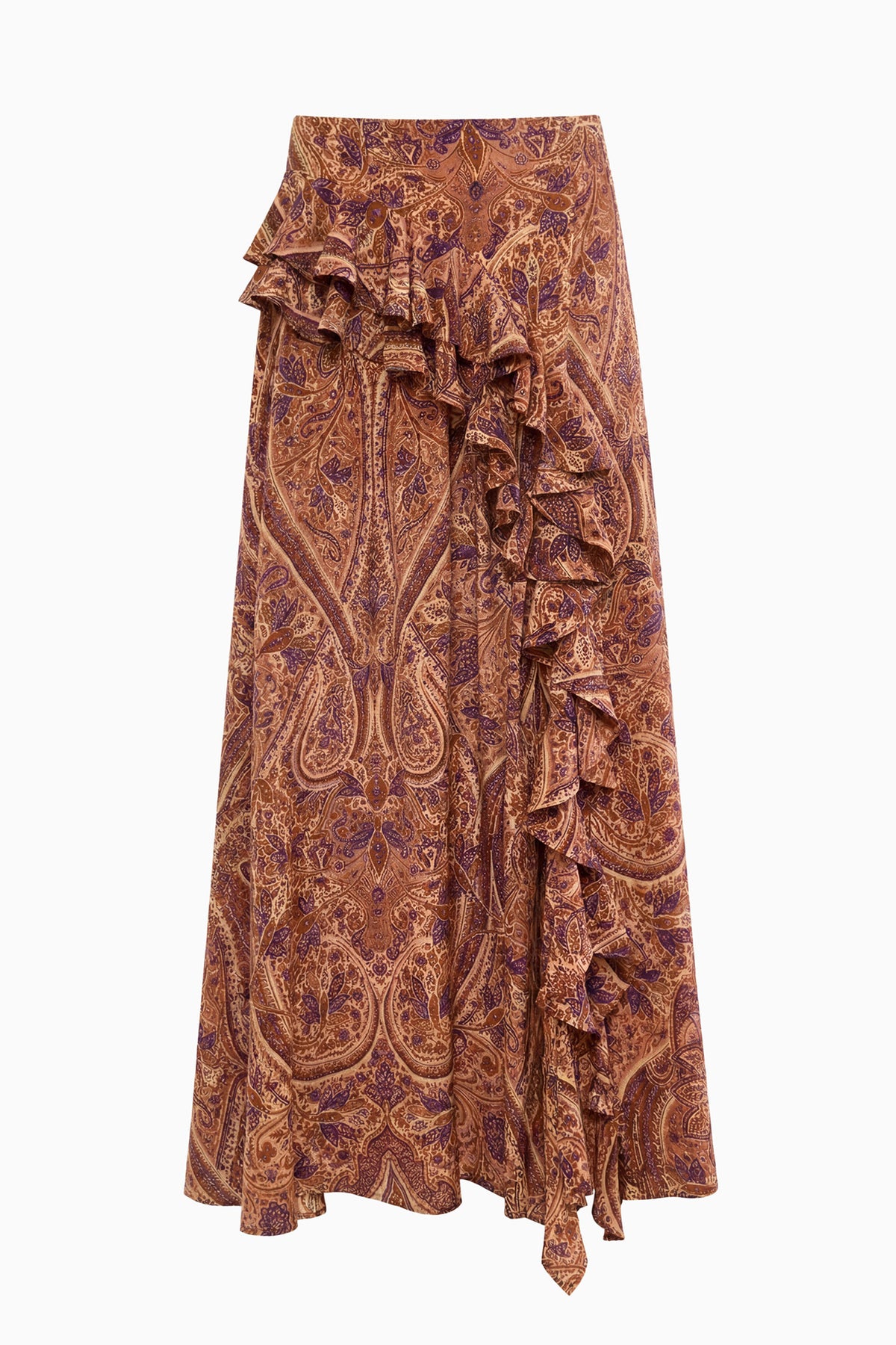 Falda midi de seda con volantes en cascada Rosette Paisley Print Riele - Fotografía de producto | Ulla Johnson