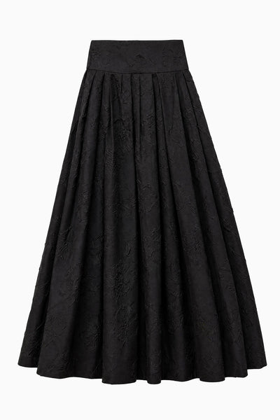 Noir Cloque Pleated A-Line Midi Skirt - Flat Lay, Designer Black Skirt | Ulla Johnson