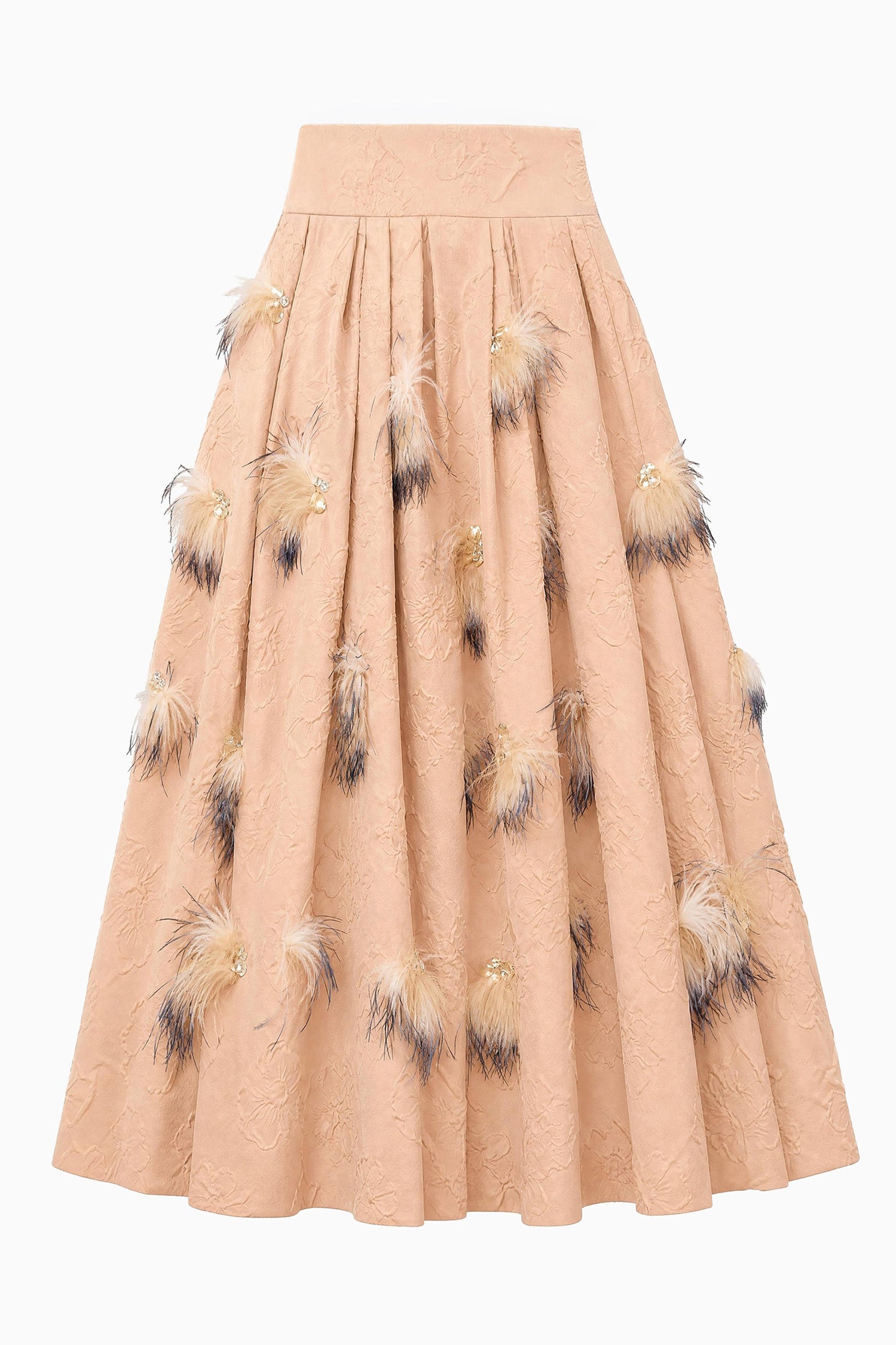 Ulla Johnson Almond Cloque Pleated Midi Skirt with Feather and Crystal Embellishment - Flat View | Ulla Johnson