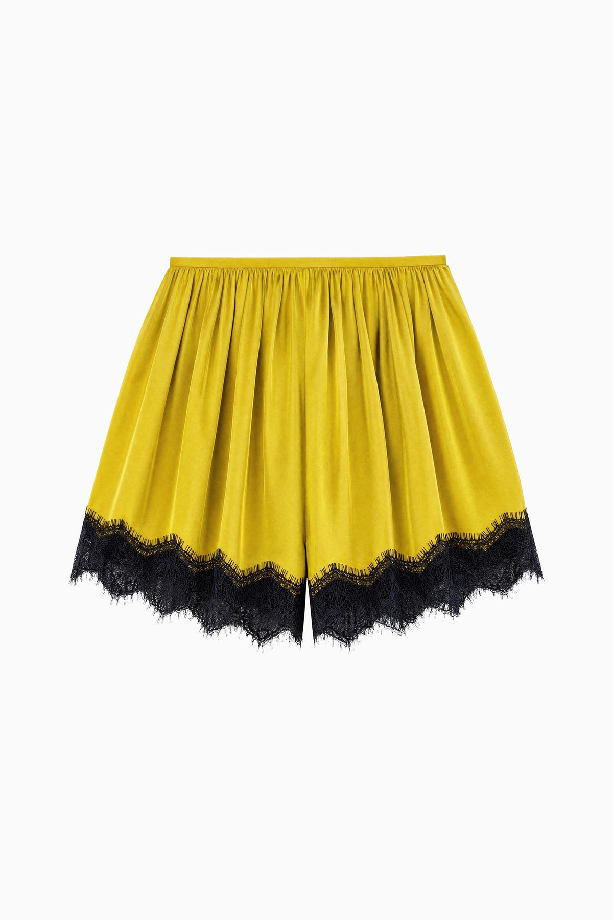 Citrine Zijden Twill Georgina Short met Zwarte Chantilly Kant Zoom - Plat Ligging Productoverzicht | Ulla Johnson