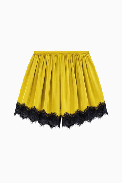Citrine Zijden Twill Georgina Short met Zwarte Chantilly Kant Zoom - Plat Ligging Productoverzicht | Ulla Johnson
