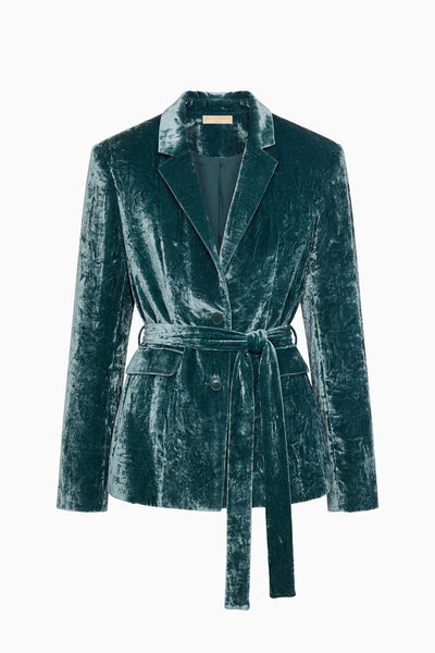 Jadeite Crinkle Silk Velvet Belted Blazer - Flat Lay Product View | Ulla Johnson