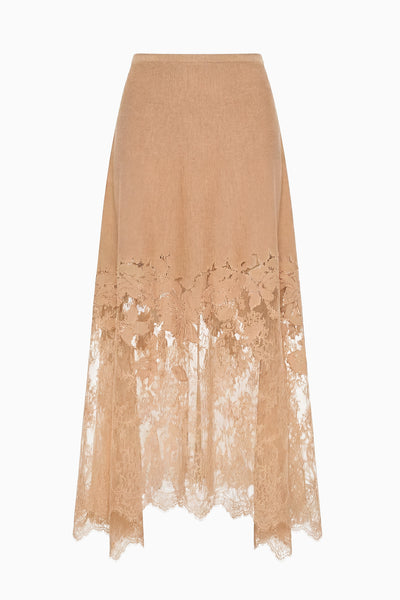Almond Merino Wool Lace Midi Skirt - Flat Lay, Embroidered Floral Lace | Ulla Johnson