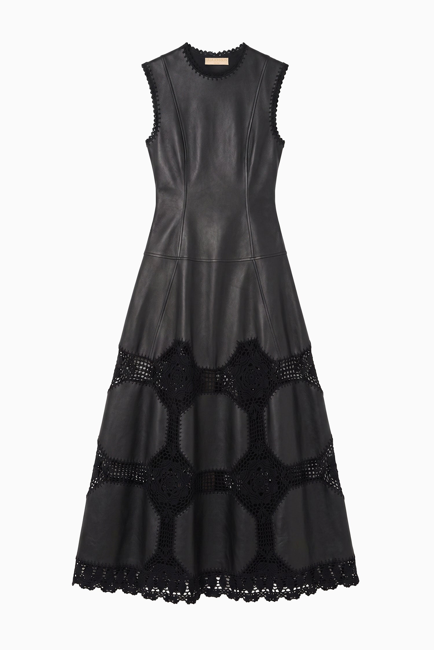 Ulla Johnson Noir Luxury Leather & Crochet Sleeveless Midi Dress - Flat Lay | Ulla Johnson