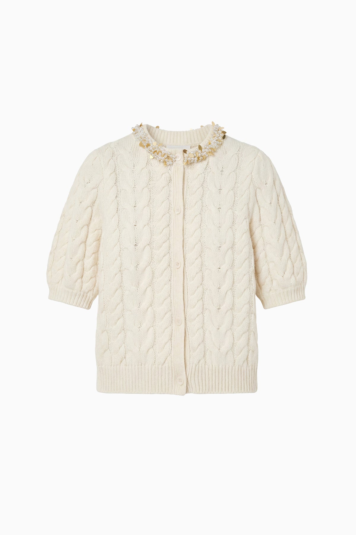 Pearl Cable Knit Cardigan with Pearl Collar - Flat Lay, Luxury Designer Knitwear | Ulla Johnson