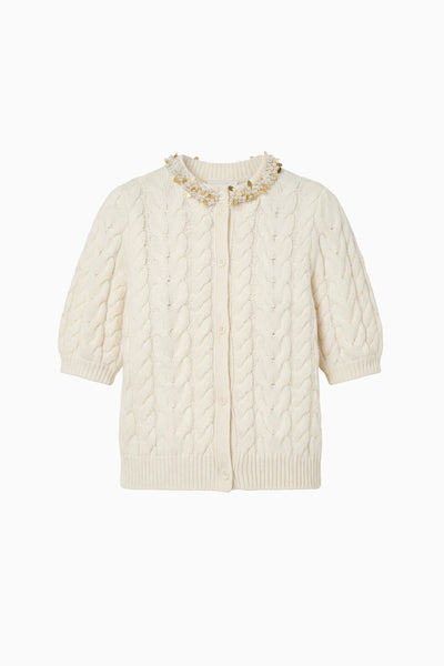 Pearl Cable Knit Cardigan with Pearl Collar - Flat Lay, Luxury Designer Knitwear | Ulla Johnson