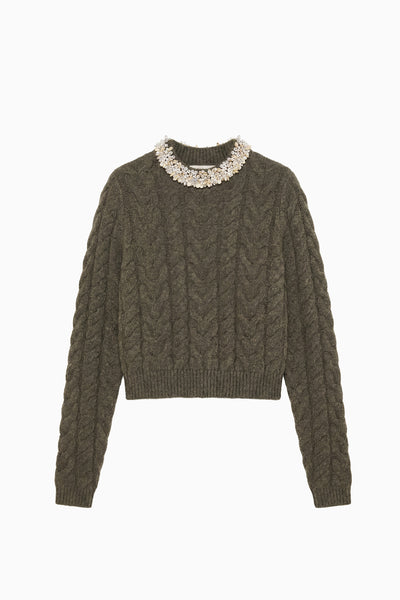 Militaire Designer Cable Knit Cashmere Pullover Pearl Trim - Flat Lay | Ulla Johnson