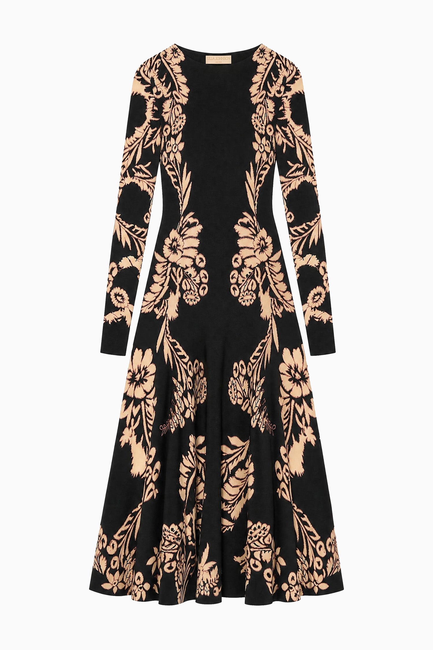 Ulla Johnson Vesper Abito Midi a Maniche Lunghe in Jacquard Floreale Nero e Blush - Vista Piatta | Ulla Johnson