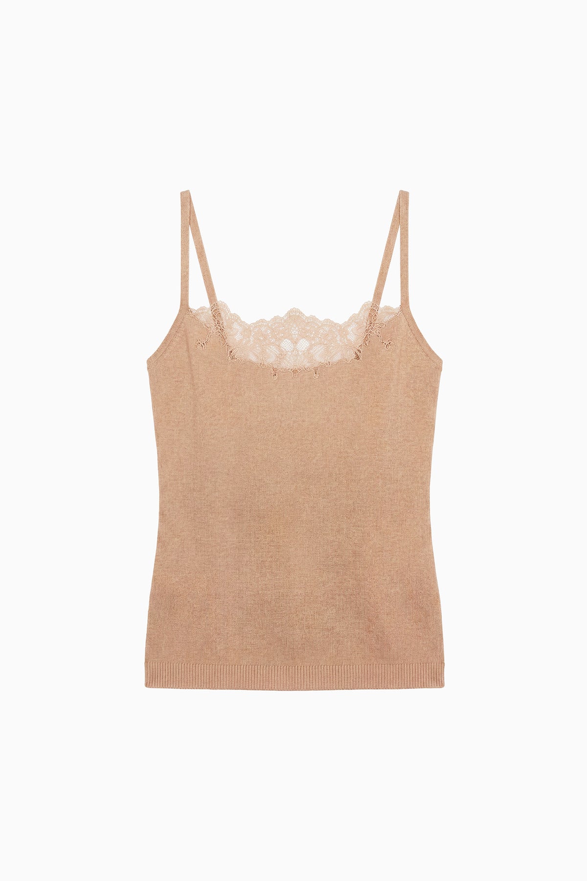 Almond Merino Wool Lace Cami - Flat Lay, Floral Lace Neckline Detail | Ulla Johnson