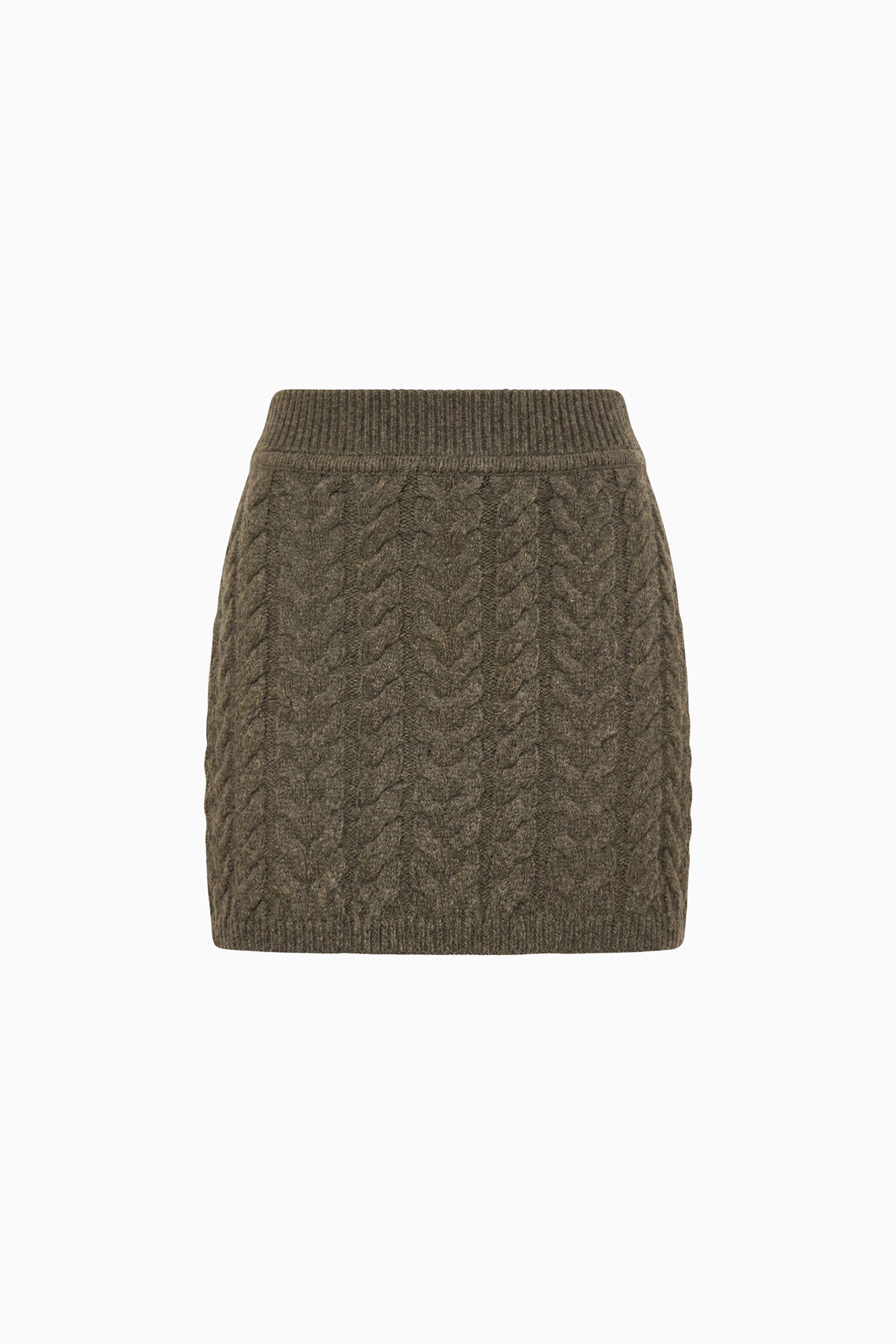 Ulla Johnson Militaire Green Merino Wool Cable Knit Mini Skirt - Flat Lay Product View | Ulla Johnson
