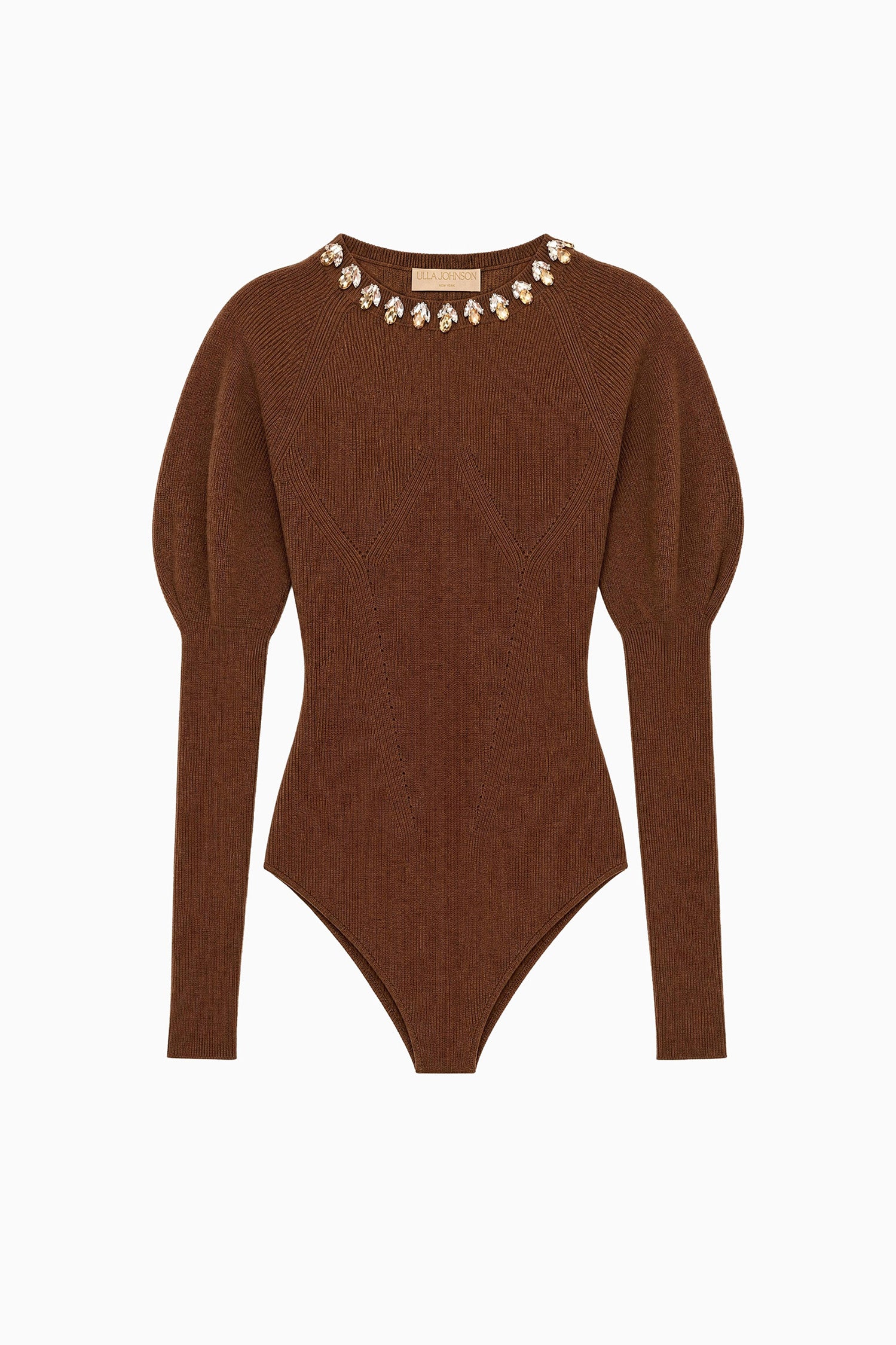 Ulla Johnson Clove Merino Wool Embellished Bodysuit, Puff Sleeve Knit - Flat Lay | Ulla Johnson