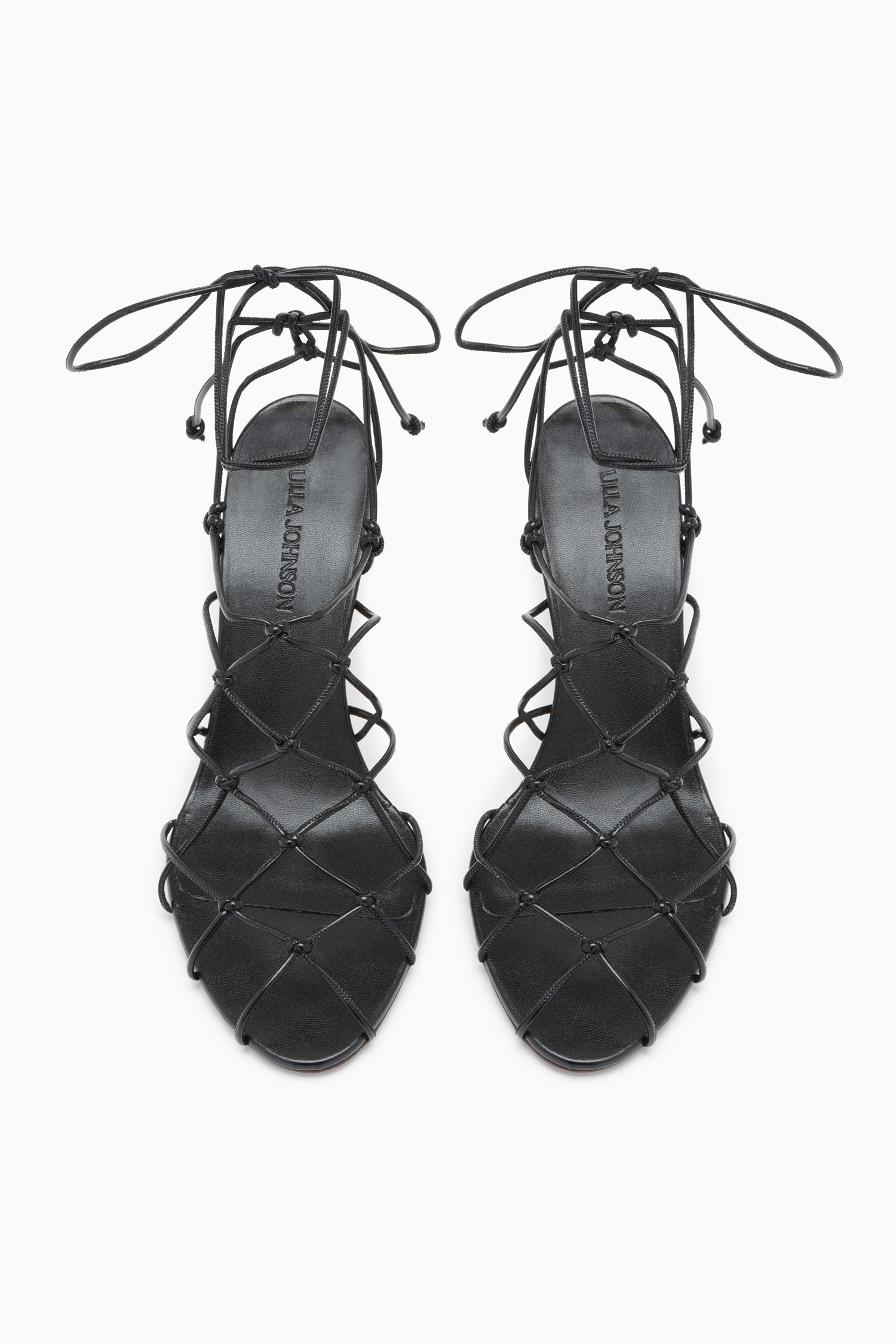 Ulla Johnson Noir Designer Caged Ankle-Tie Sandal Heels - Top-Down Pair View | Ulla Johnson