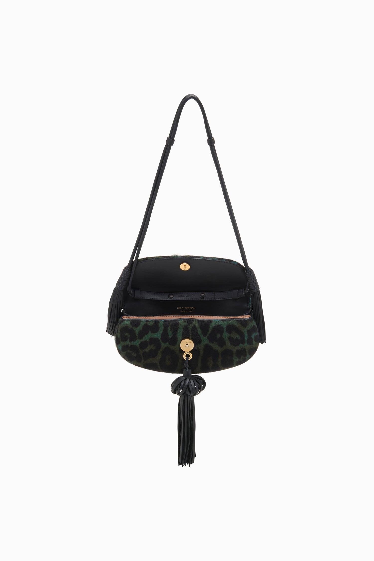Ulla Johnson Sac Emerald Leopard Paloma avec rabat et pompon - Vue intérieure ouverte, doublure noire | Ulla Johnson