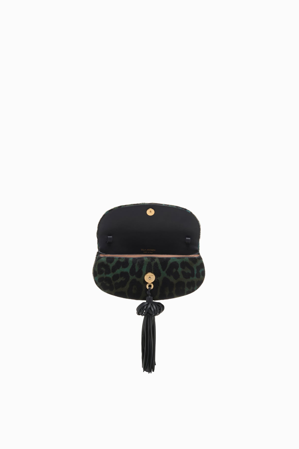 Emerald Leopard Paloma Sac avec rabat et pompon - Vue intérieure ouverte, sans bandoulière | Ulla Johnson
