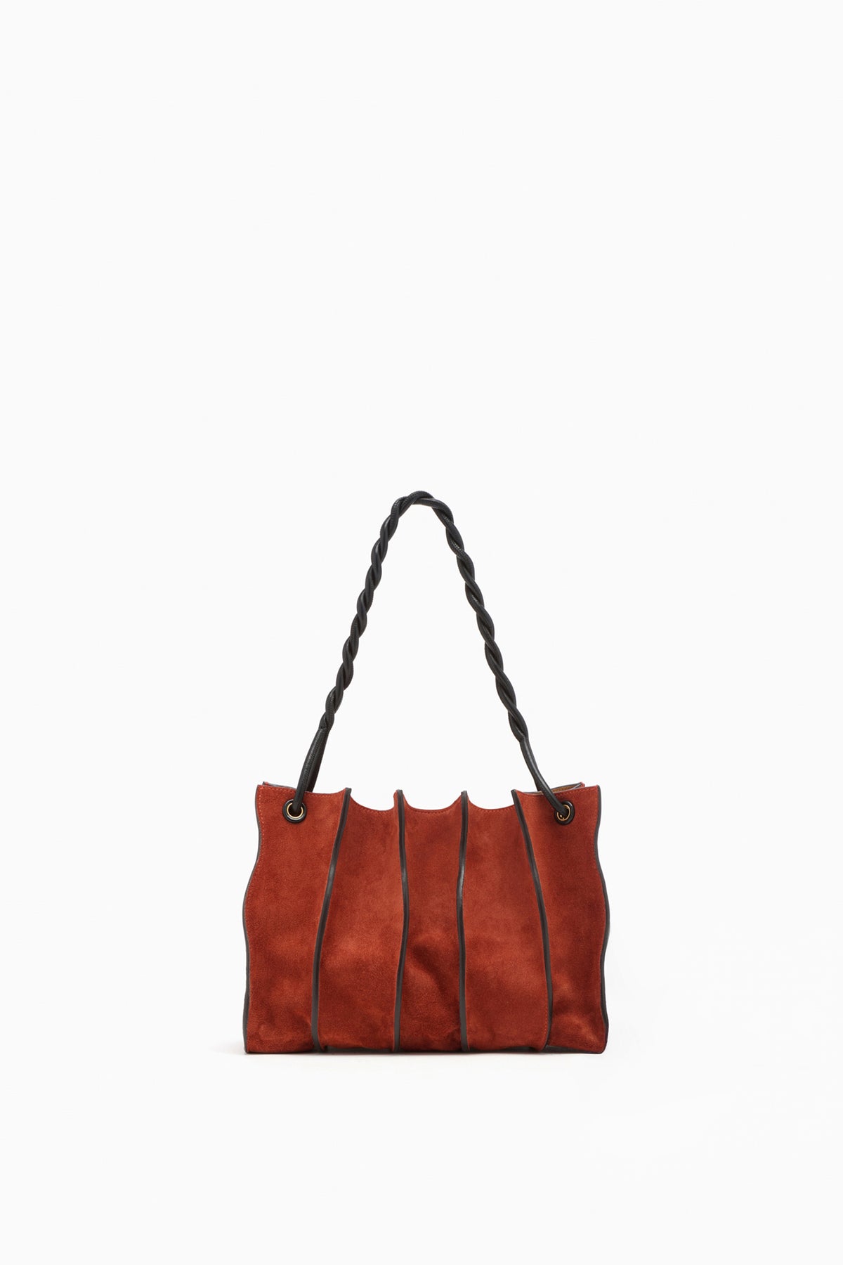 Rust Suede Panel Shoulder Bag - Front View with Twisted Leather Strap | Ulla Johnson