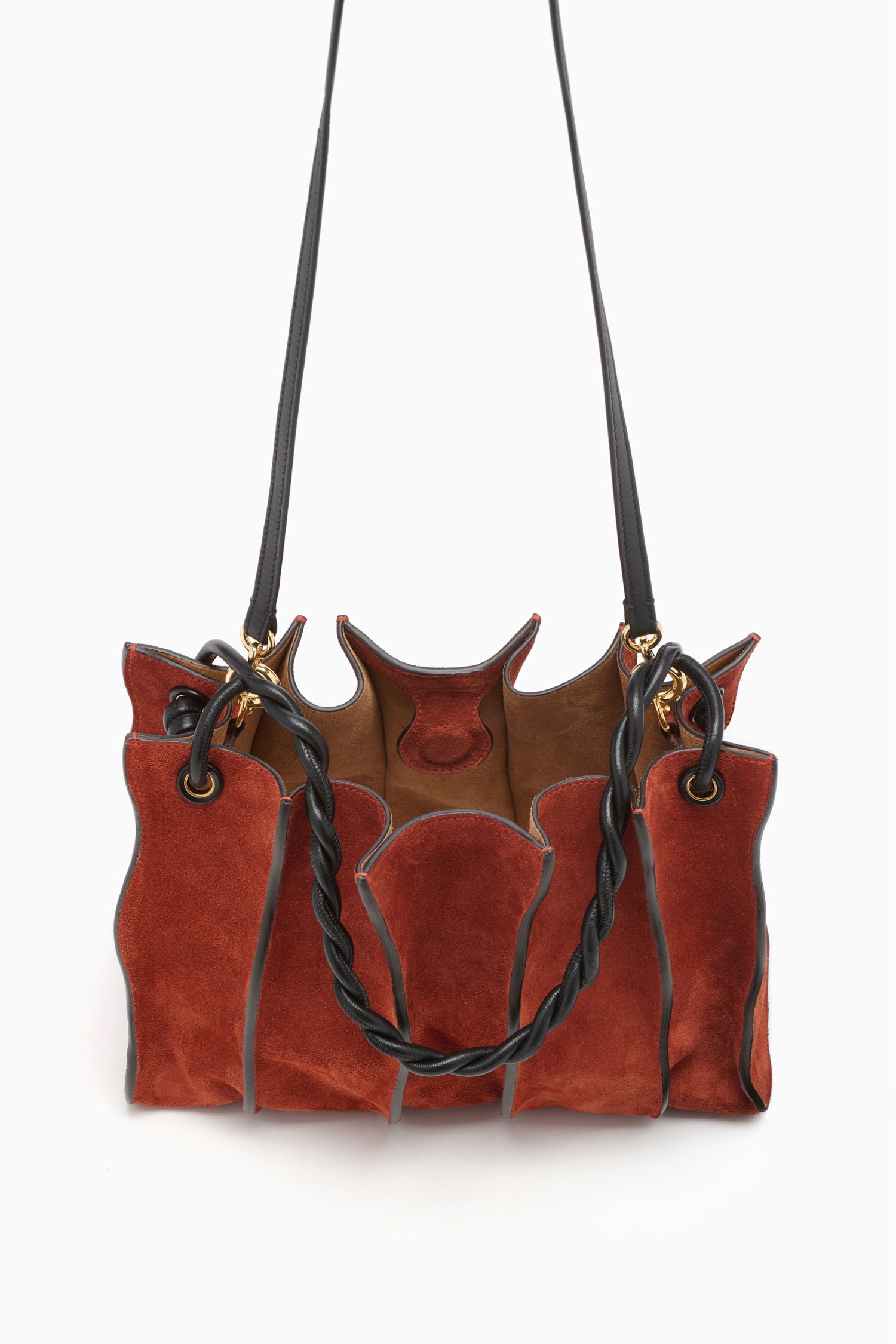 Ulla Johnson Rust Suede Designer Shoulder Bag - Open Interior View with Gold Hardware | Ulla Johnson