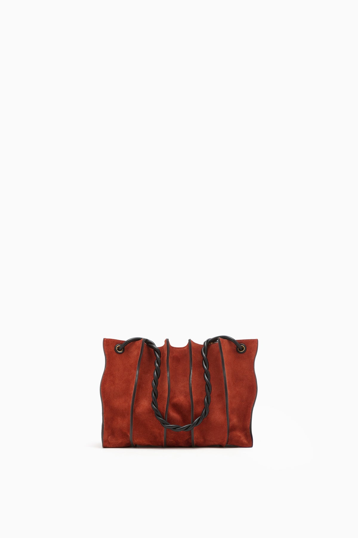 Rust Suede Luxury Shoulder Bag - Back View with Braided Leather Handle | Ulla Johnson