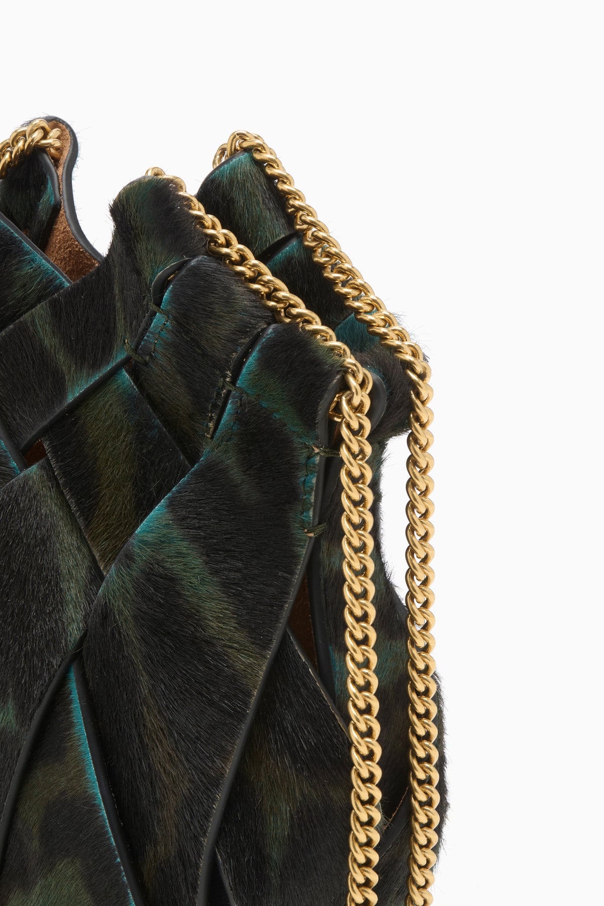 Emerald Leopard Leather Mini Bag - Woven Panel and Gold Chain Hardware Detail | Ulla Johnson