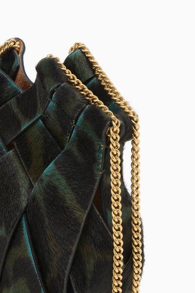 Emerald Leopard Leather Mini Bag - Woven Panel and Gold Chain Hardware Detail | Ulla Johnson