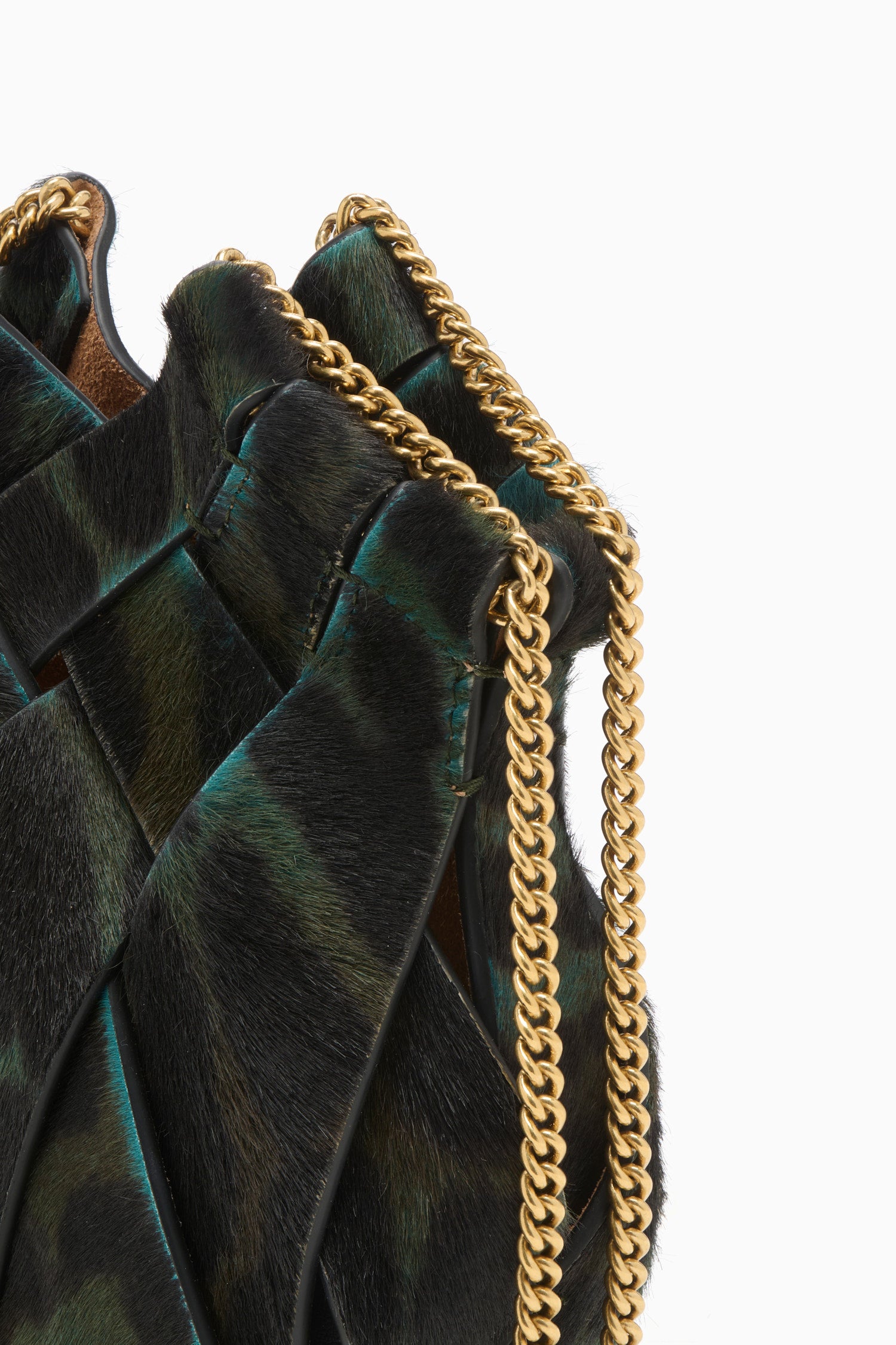 Ulla Johnson Emerald Leopard Leather Mini Bag - Woven Panel and Gold Chain Hardware Detail | Ulla Johnson