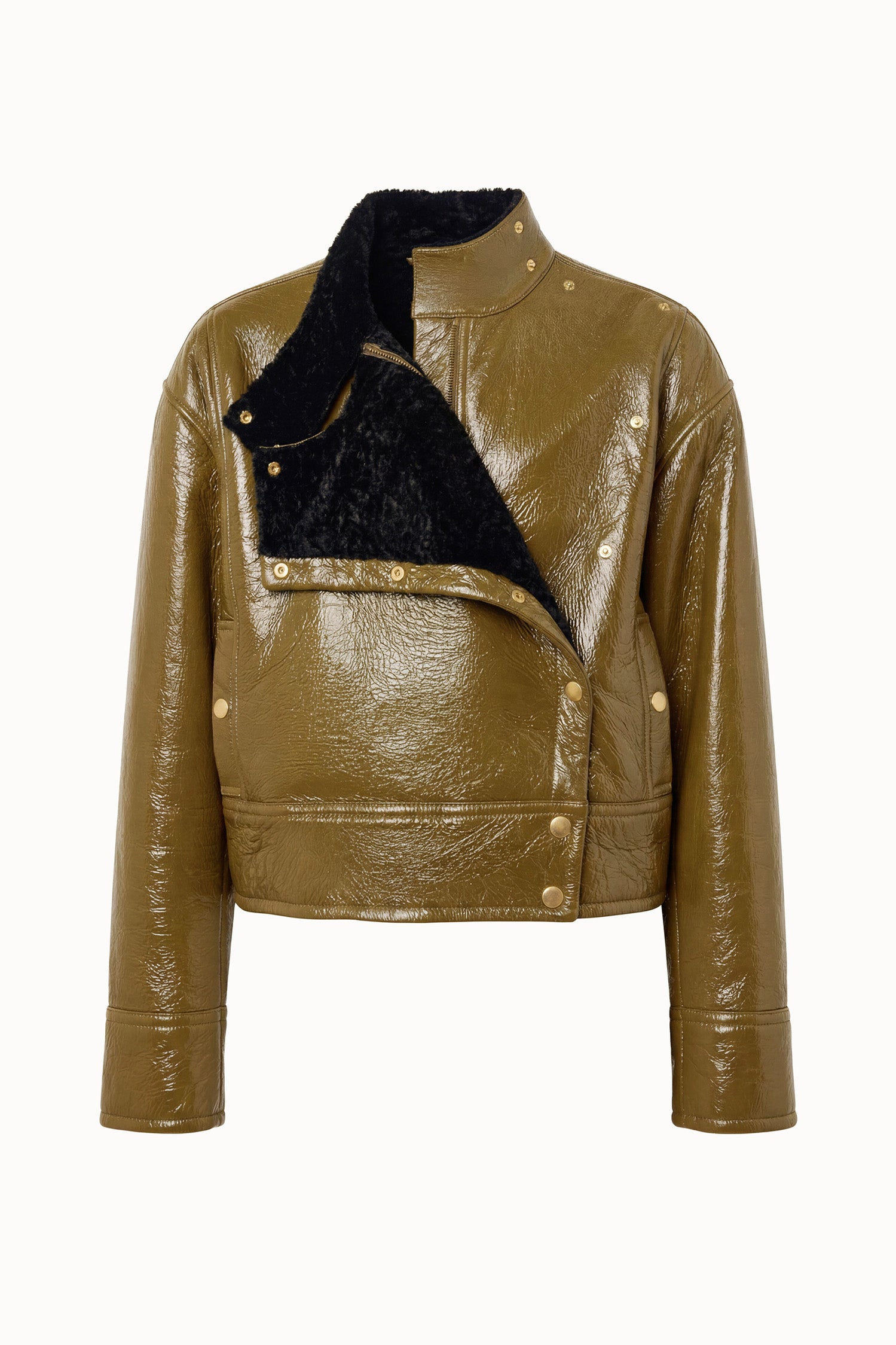 Ulla Johnson Lichen Patent Lambskin Leather Cropped Jacket - Product Shot on White Background, Open Flap | Ulla Johnson