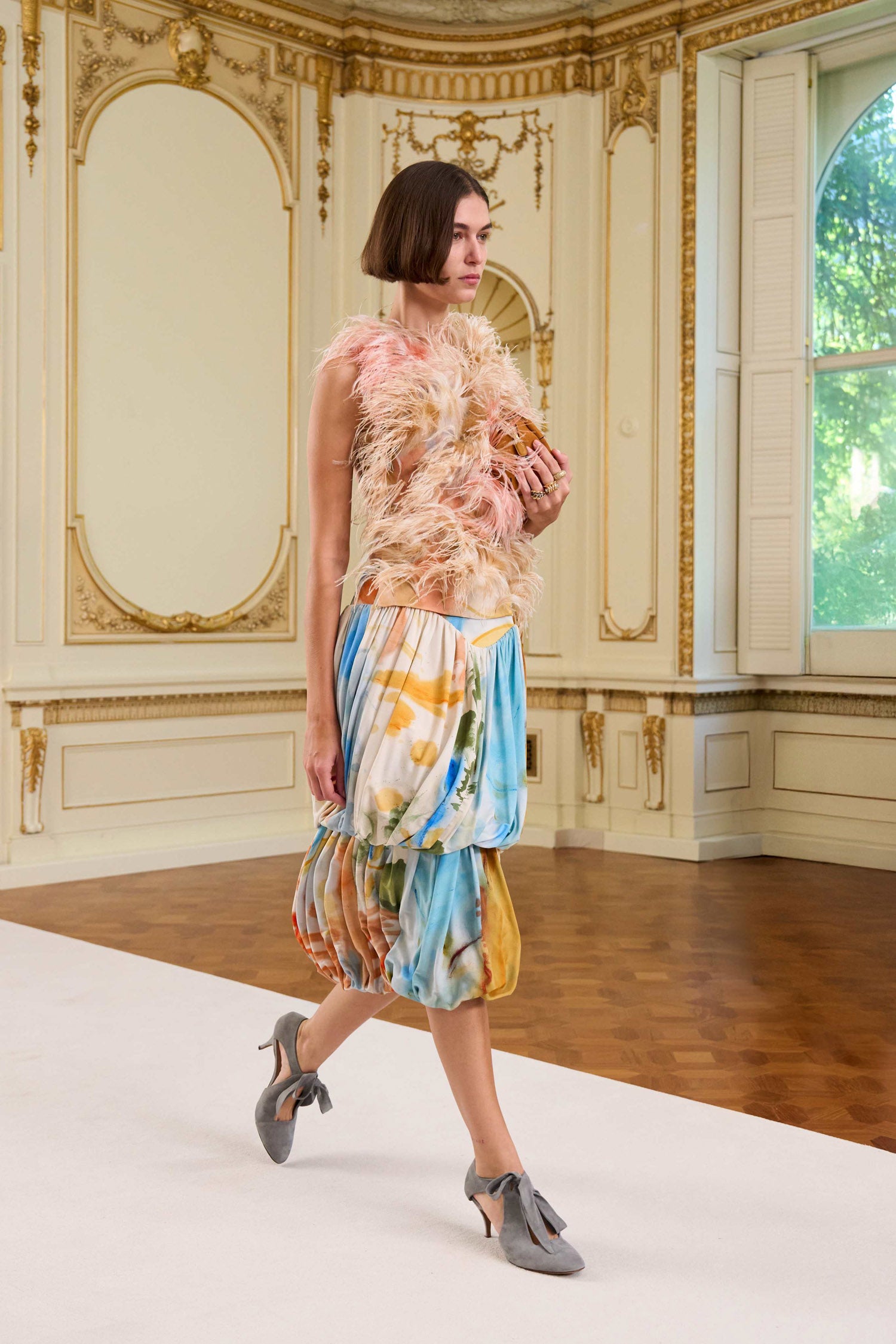 Ulla Johnson Blush Feather Embroidered Silk Top - SS26 Runway Look 1, Full Styled Look | Ulla Johnson