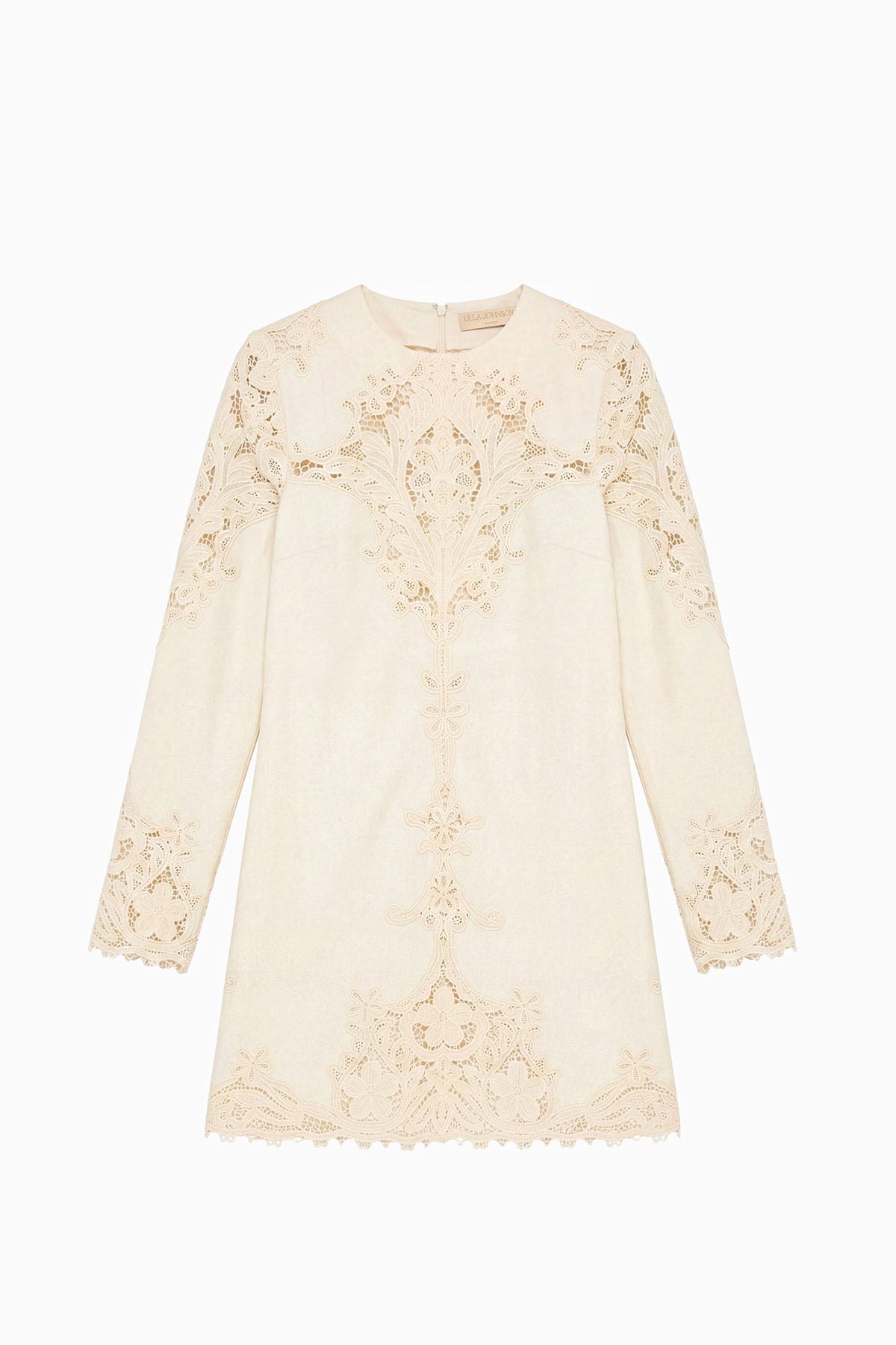 Avorio Abito mini in lino ricamato - Piatto, dettaglio inserzione pizzo designer | Ulla Johnson