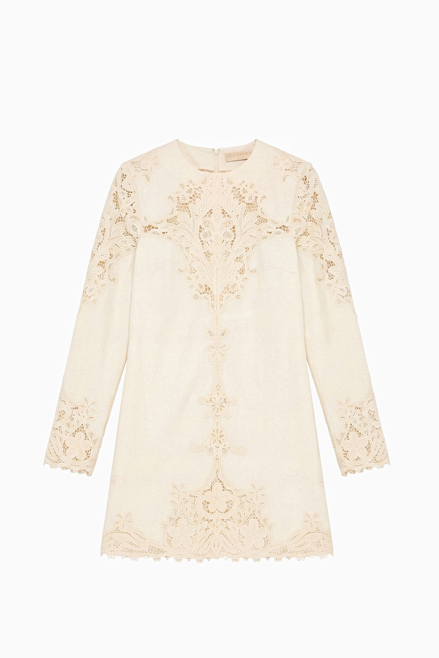 Ulla Johnson Avorio Abito mini in lino ricamato - Piatto, dettaglio inserzione pizzo designer | Ulla Johnson