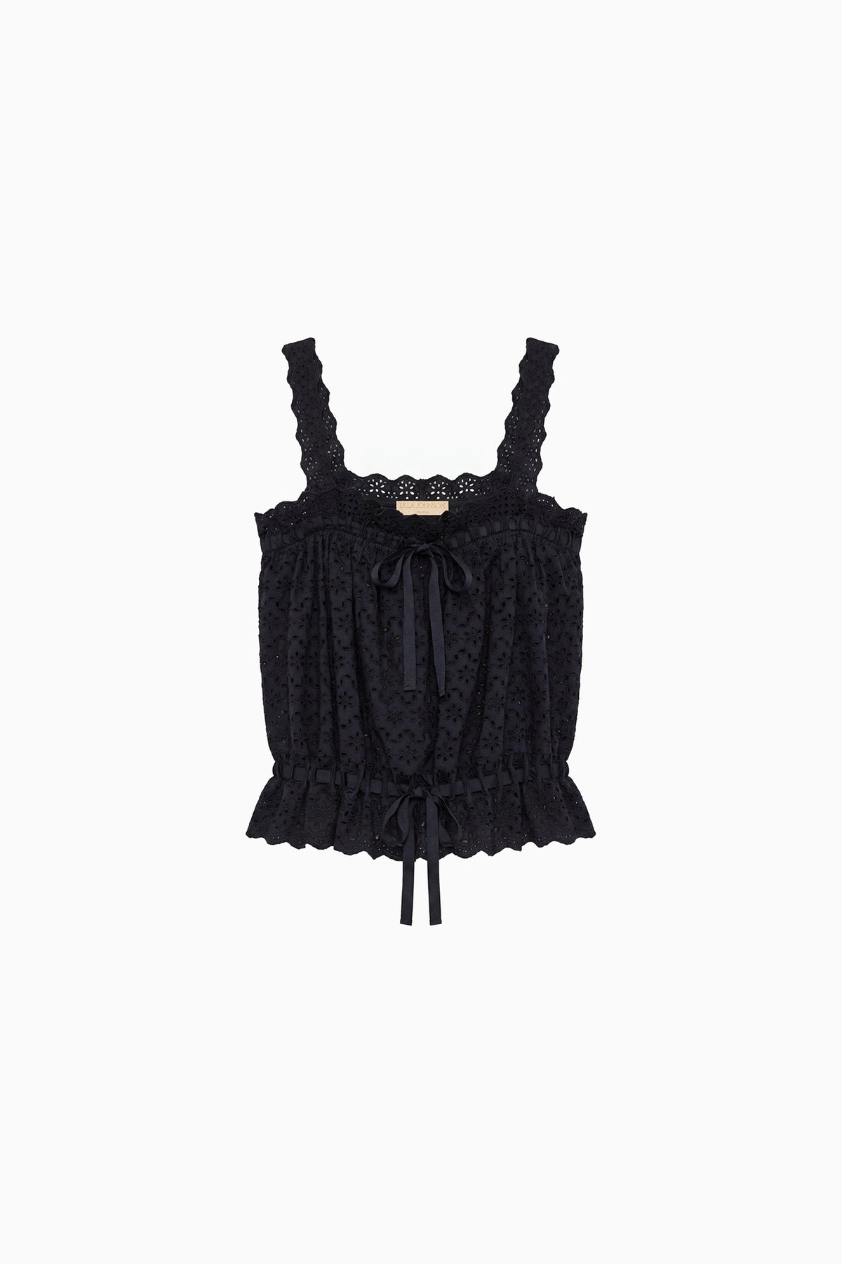 Top sans manches en coton Midnight à œillets - Vue à plat avec liens en ruban | Ulla Johnson