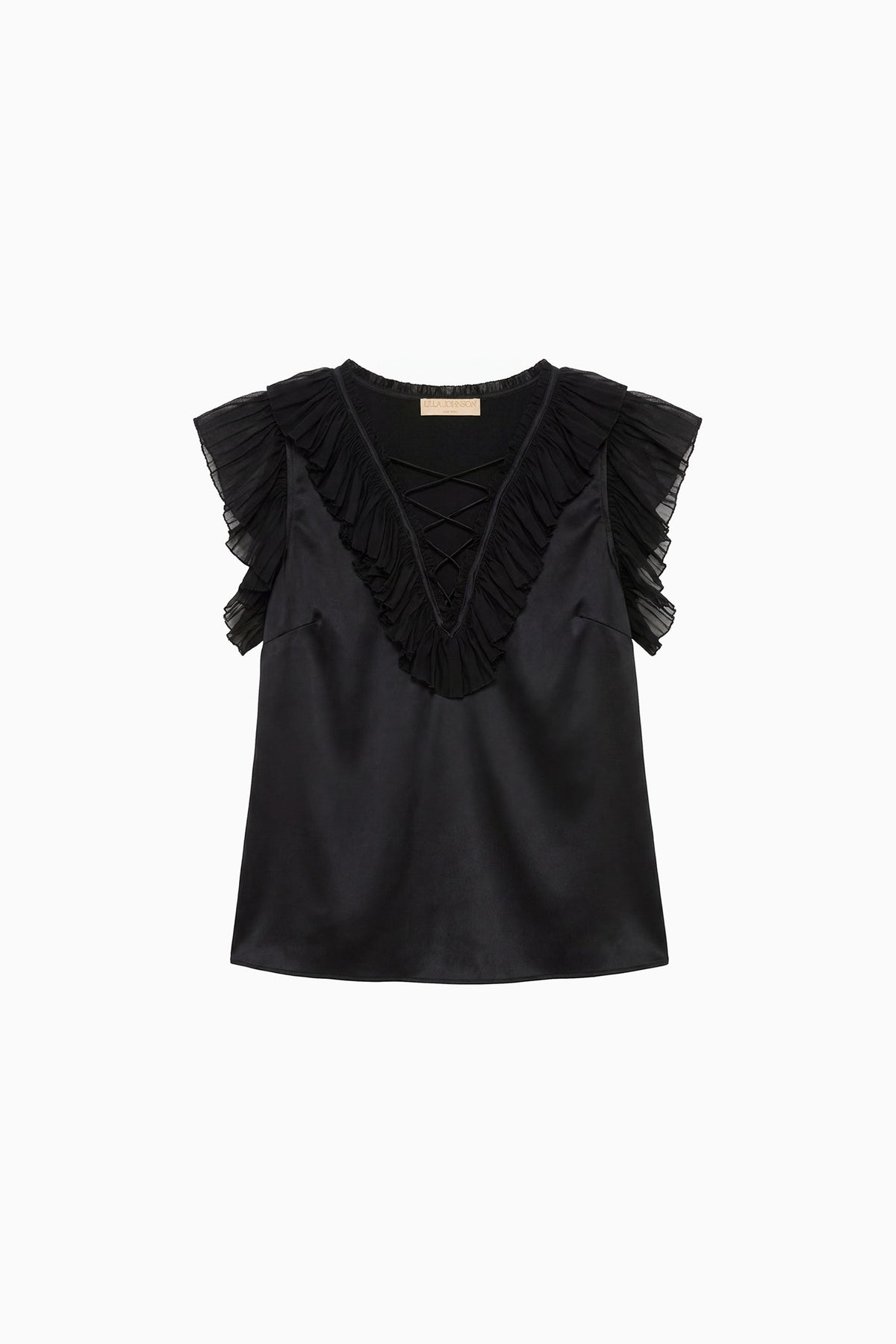 Noir Premium Silk-Satin Lace-Up Top with Layered Chiffon Ruffles - Flat Lay | Ulla Johnson