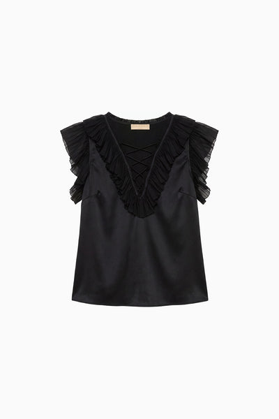 Noir Premium Silk-Satin Lace-Up Top with Layered Chiffon Ruffles - Flat Lay | Ulla Johnson
