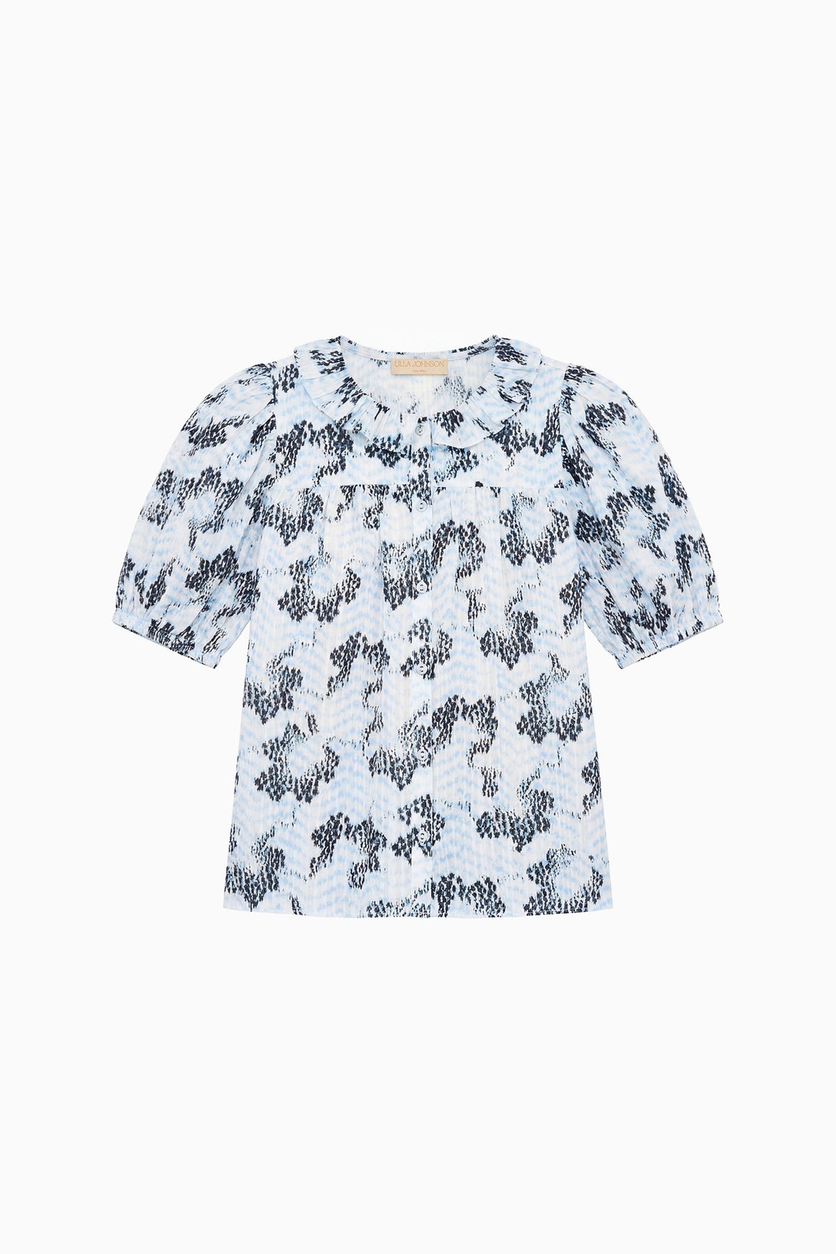 Ciel Bedrukte Luxe Katoenen Top, Ruche Kraag & Pofmouwen - Plat Ligging | Ulla Johnson