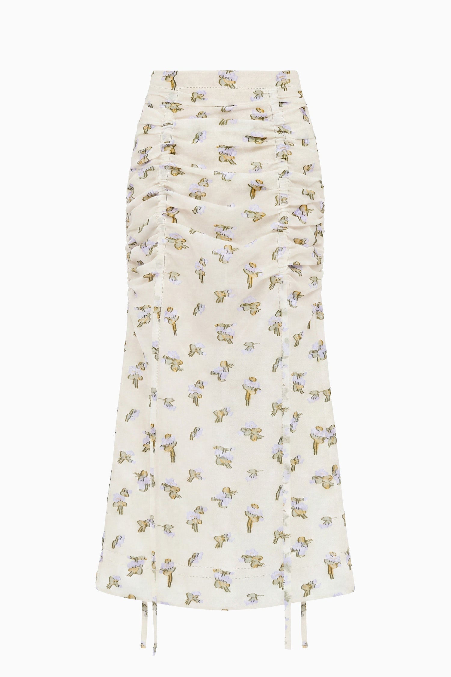 Ulla Johnson Violet Leaf Designer Floral Organza Midi Skirt - Flat Lay, Luxury Ruched Silhouette | Ulla Johnson