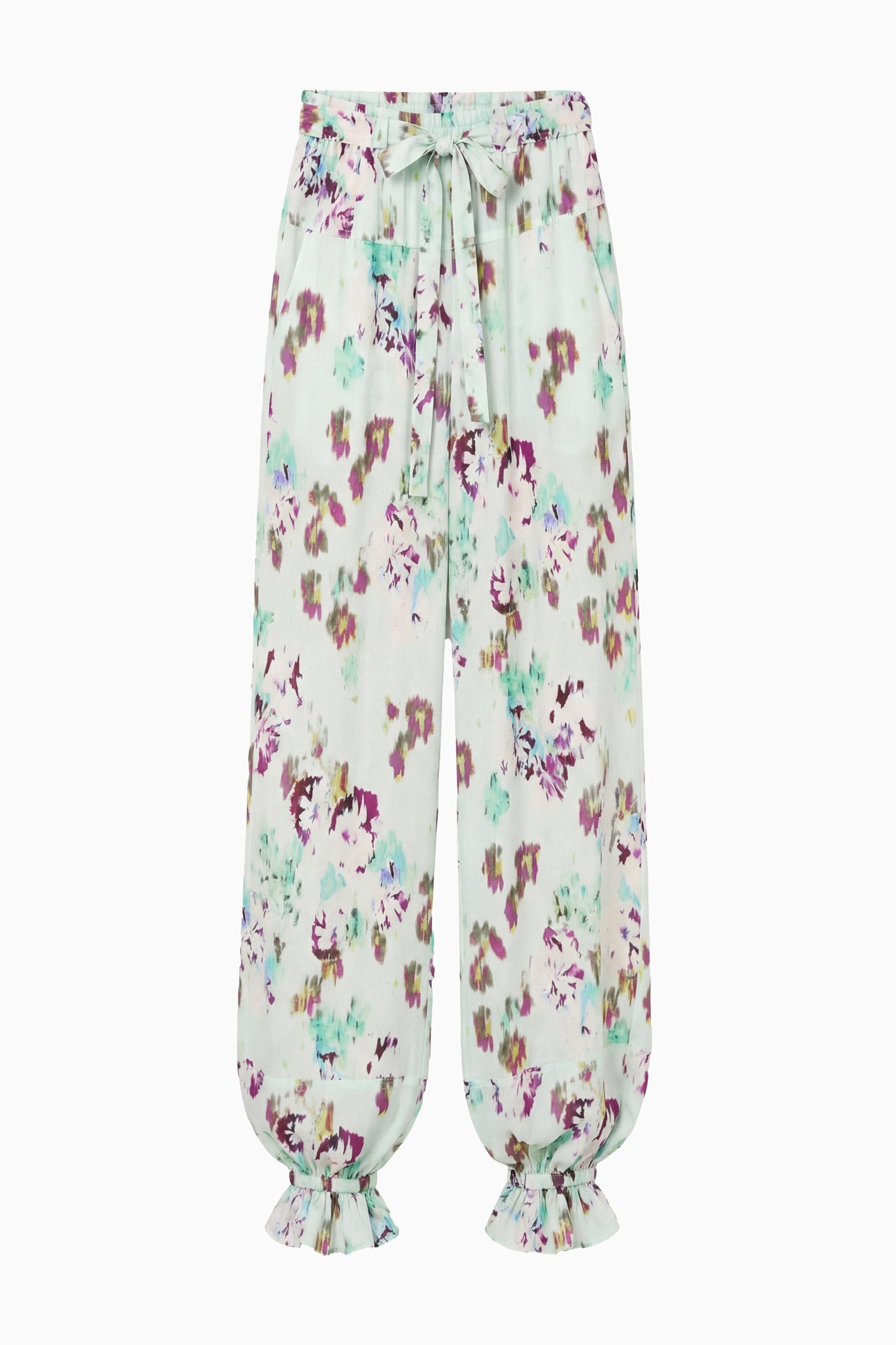 Ulla Johnson Oasis Ikat Floral Silk Cinched Pant - Flat Lay, Luxury Designer Trousers | Ulla Johnson