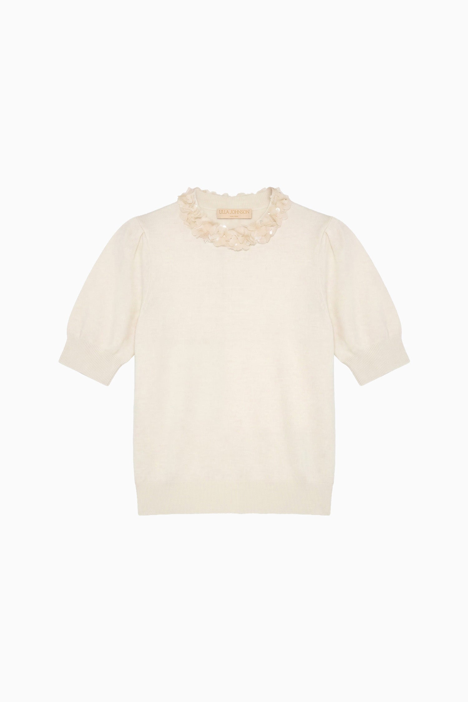 Ulla Johnson Pearled Ivory Merino-Wolle Kurzarm-Top mit Verzierungen – Draufsicht | Ulla Johnson